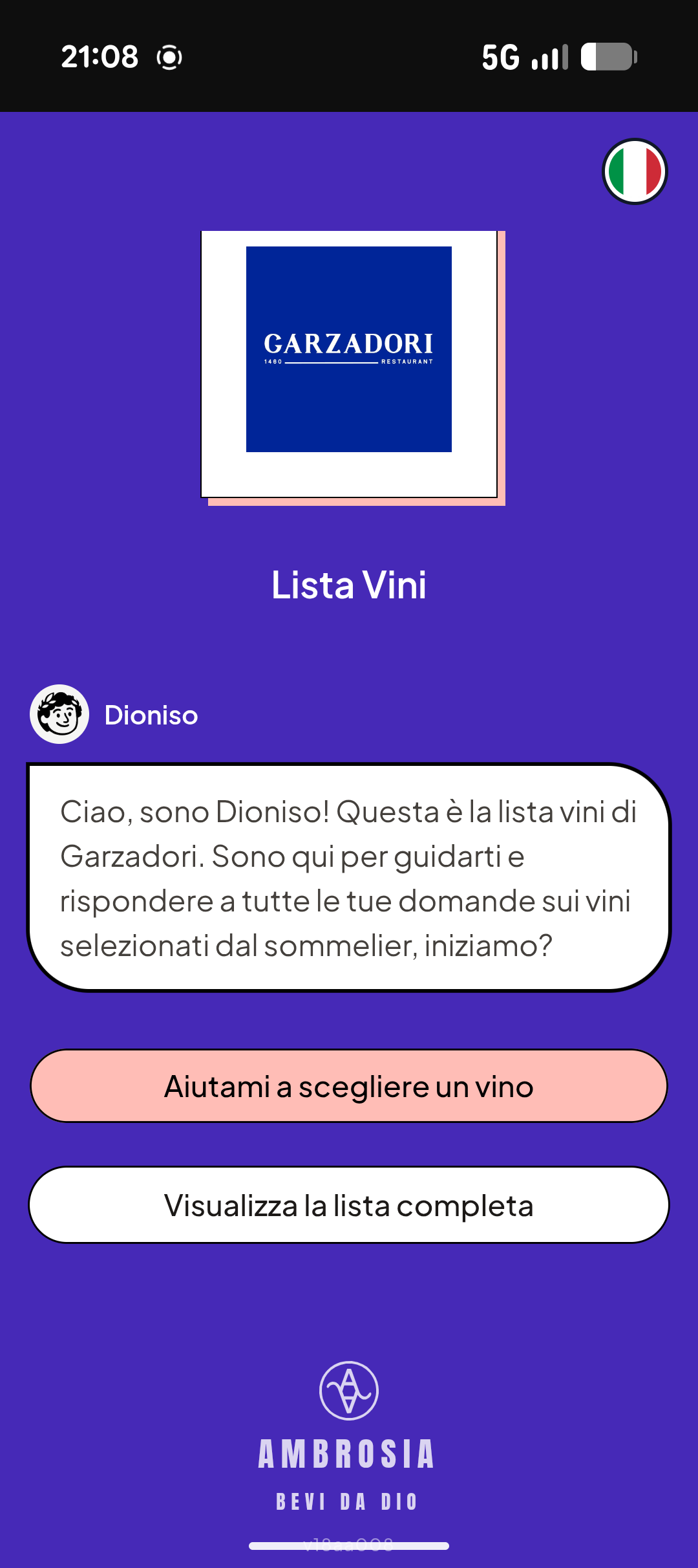 Anteprima carta vini interattiva Ambrosia con Dioniso, il sommelier AI